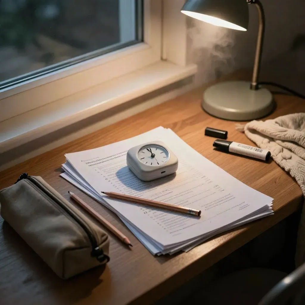 Zatrzymany timer, ołówki, zakreślacze i arkusze próbne na ławce przy nocnym świetle.