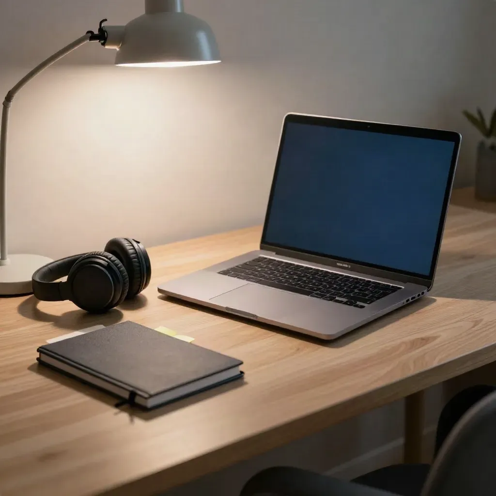 Zamknięty laptop, słuchawki i notatnik przy lampce na biurku, kobaltowy akcent.