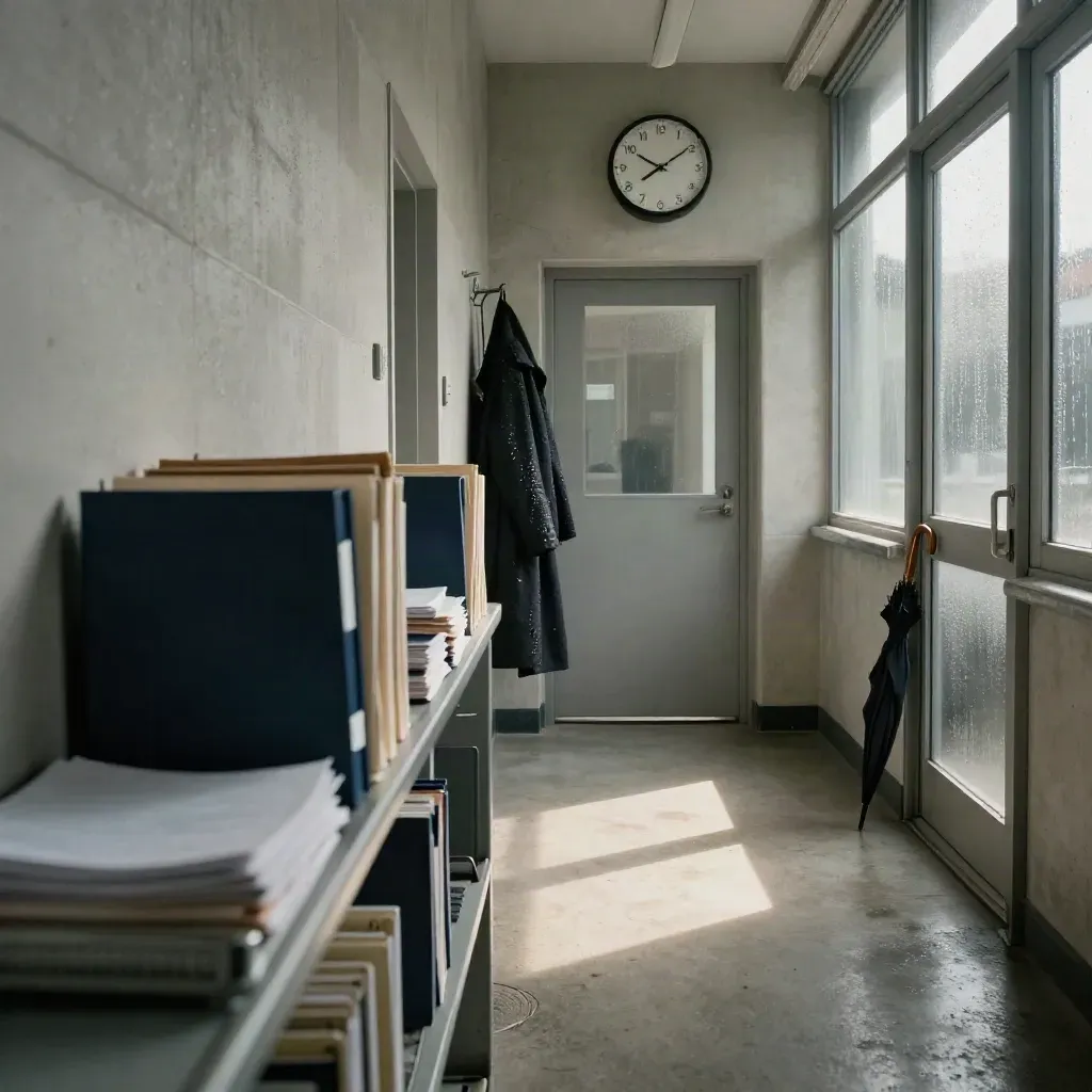 Korytarz dziekanatu z zegarem, stosami folderów, tacą na dokumenty i parasolem przy drzwiach