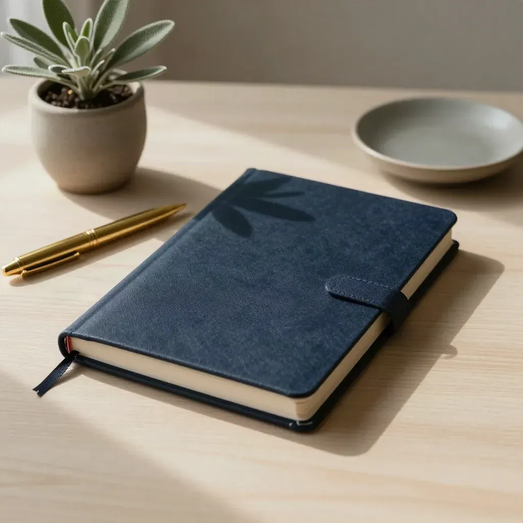 Granatowy notes, mosiężny długopis, mała roślina i ceramiczna miska na jasnym drewnie