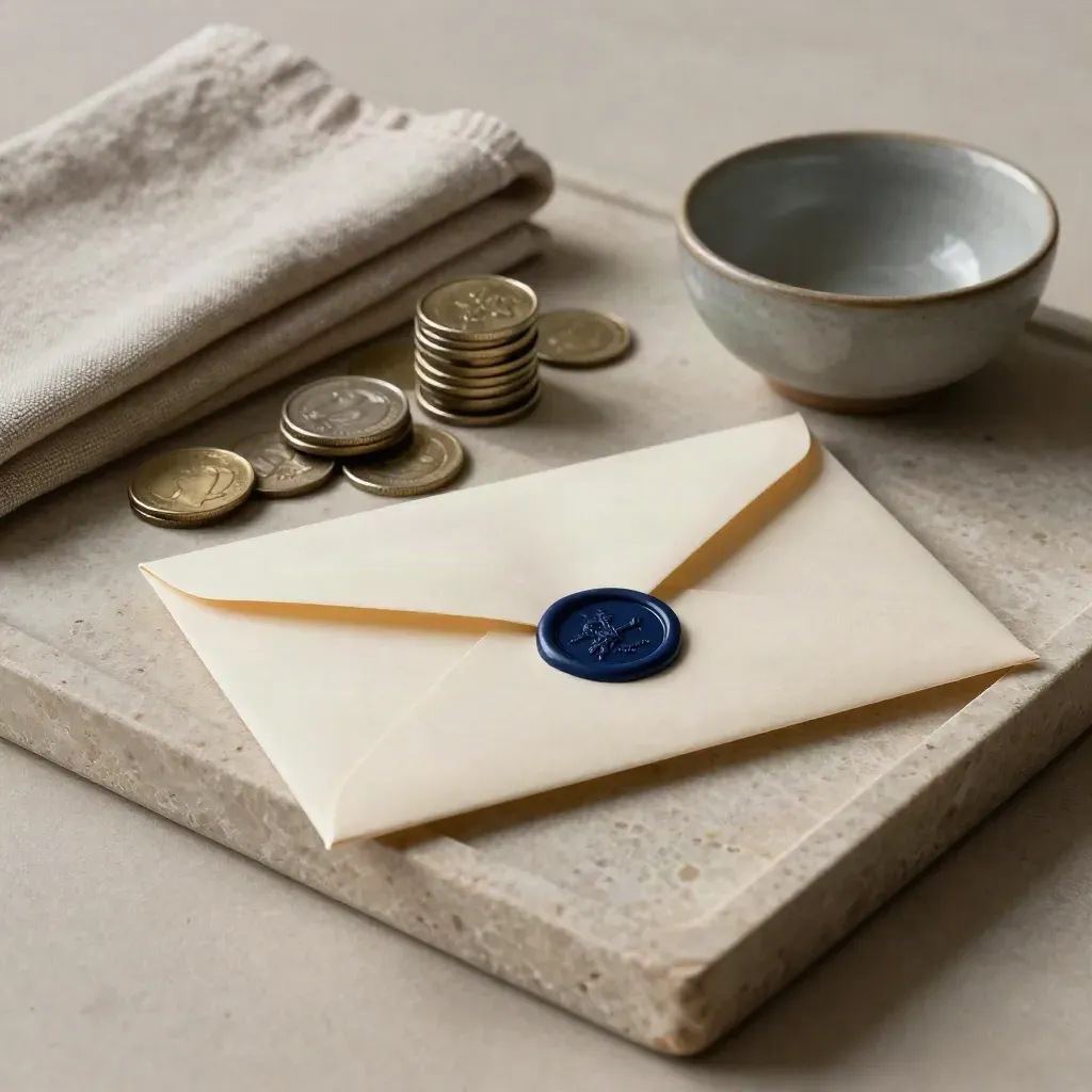 Stypendialna koperta, stos monet, złożona tkanina i ceramiczna miseczka na kamiennej tacy.