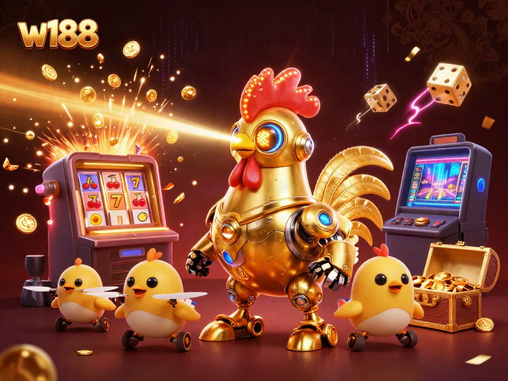 Experience the excitement of w188 with a vibrant, action-packed 3D casino scene showcasing unique characters and elements.