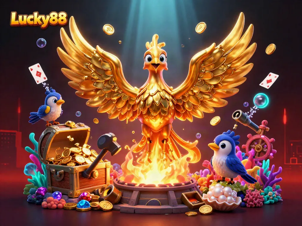 Experience thrilling gameplay at Lucky88 with a molten golden phoenix emerging amidst treasure and bioluminescent elements.
