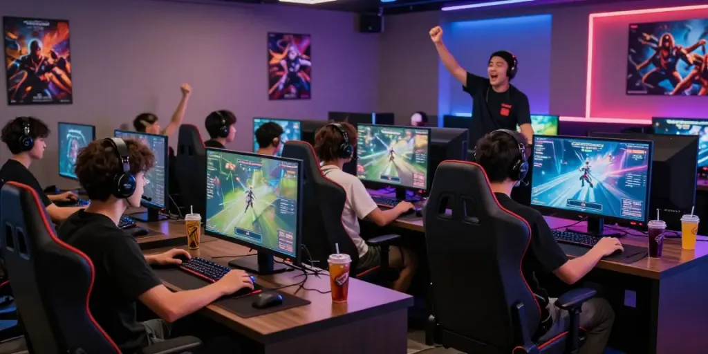 Kilat404 gaming lounge with players actively engaged in a multiplayer game, vibrant atmosphere, and high-tech gaming equipment.