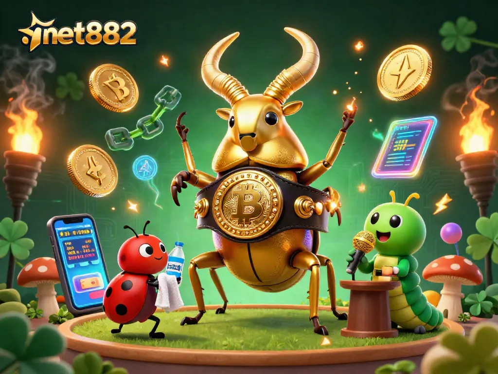 Experience thrilling wins at net882 with a dynamic 3D scene featuring a golden stag beetle champion in a casino-inspired showdown.