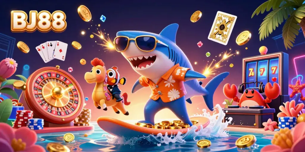 Surf the wave of gold coins with BJ88 in a vibrant 3D gambling-themed illustration.