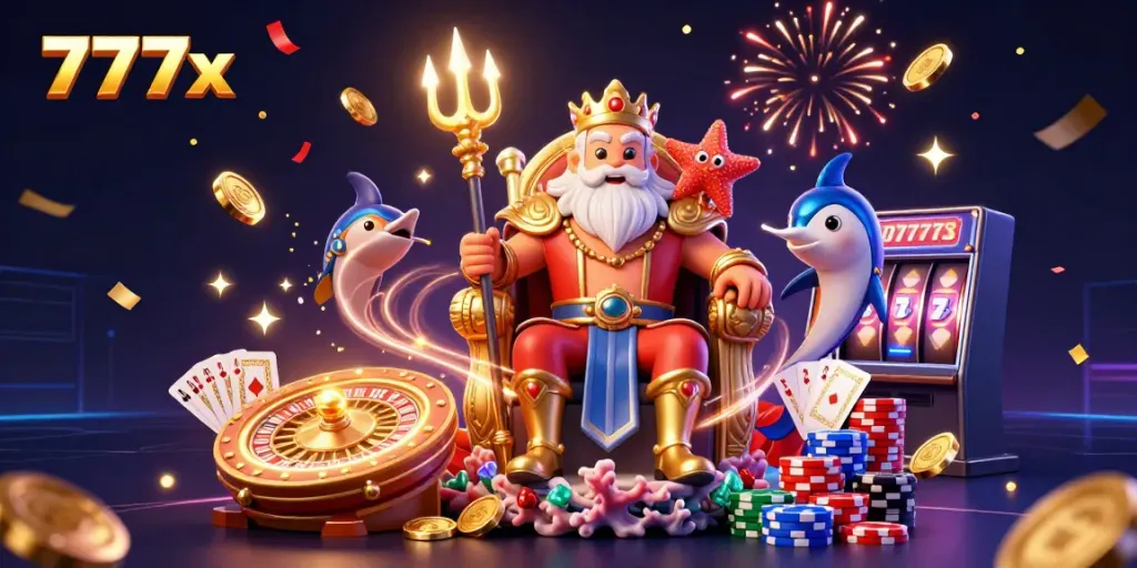 Experience thrilling casino action with 777x, featuring Neptune and dazzling game elements.