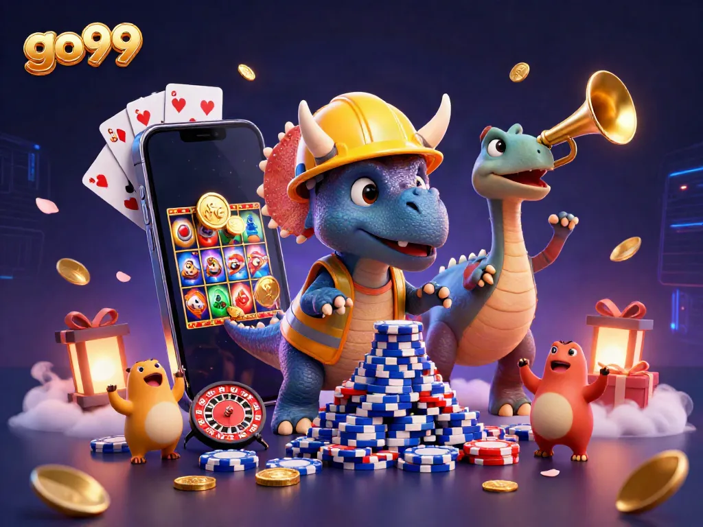 Experience thrilling gaming action at go99 with a vibrant 3D cartoon illustration of casino fun.