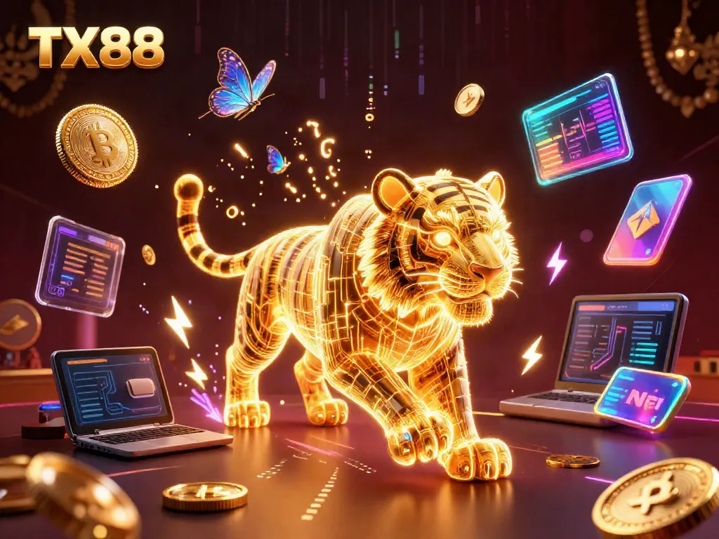 Experience the excitement of TX88 with a vibrant digital casino scene featuring a neon golden tiger.