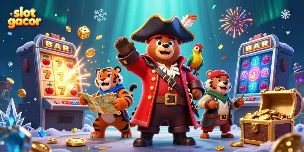 Menangkan jackpot di slot gacor dengan karakter ceria dan mesin slot berhias koin emas.