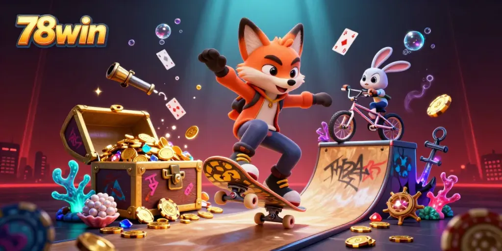 Catch thrilling moments at 78win with a vibrant illustration of a skateboarder fox and rabbit in an exciting casino scene.