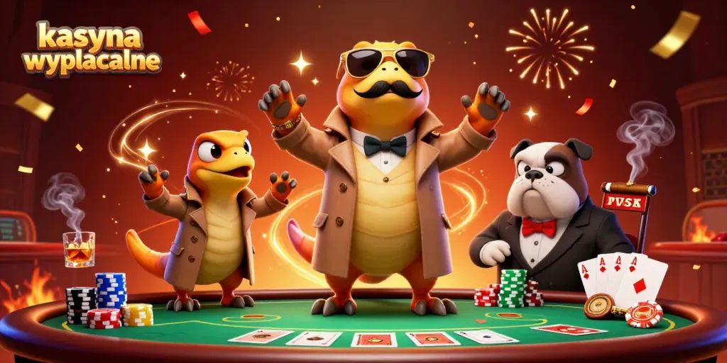 Experience the excitement of kasyna wyplacalne in this vibrant 3D scene with cartoon raptors in a trench coat at a poker table.