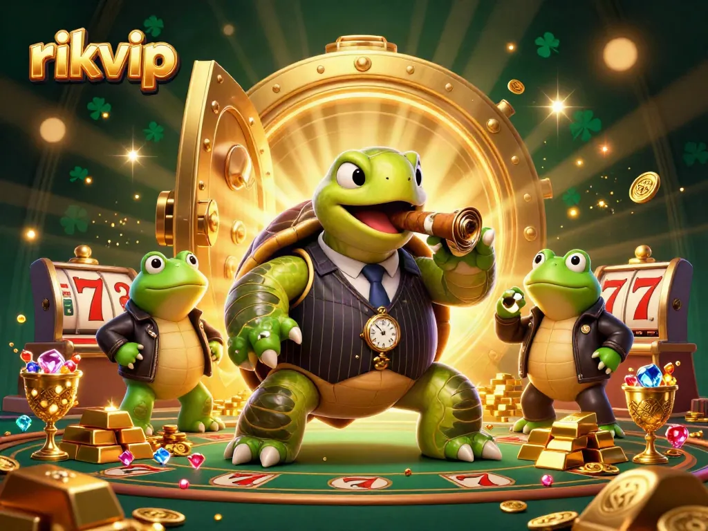 Experience thrilling wins at rikvip with a vibrant 3D casino illustration capturing a turtle in mobster attire.