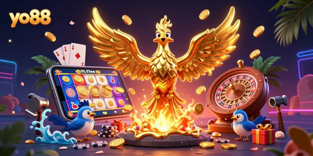Play exciting slot games at yo88 with a golden phoenix emerging from a molten forge.