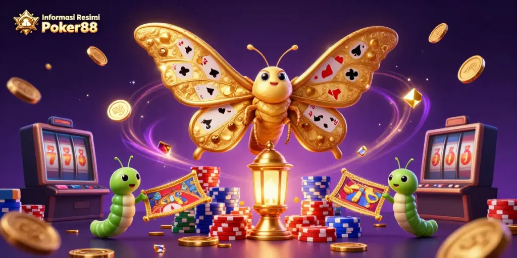Engaging scene showcasing Informasi Resmi Poker88 with a vibrant atlas moth surrounded by casino elements and excitement.