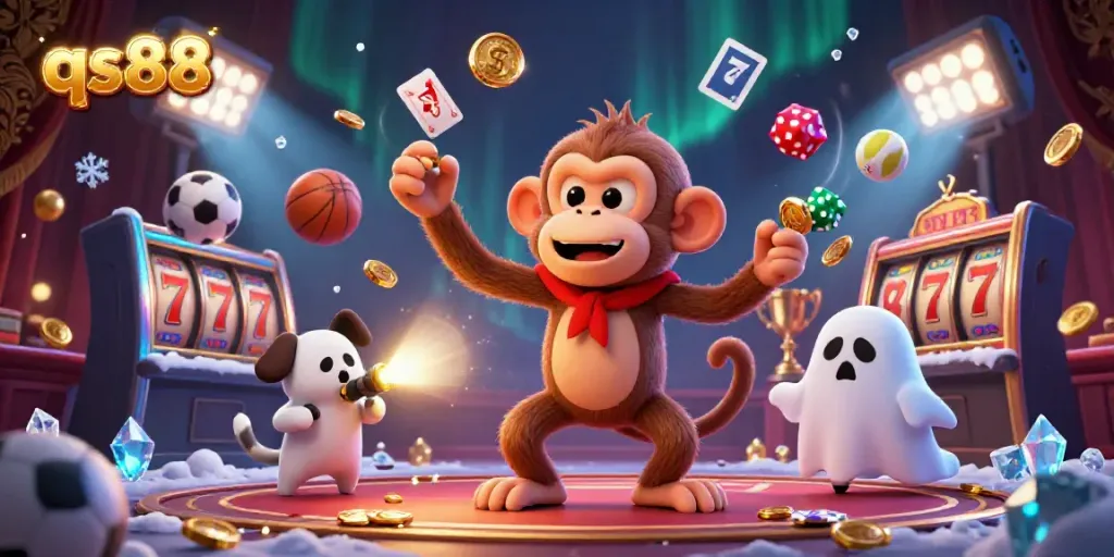 Experience thrilling gameplay at qs88 with a dynamic casino scene featuring a mischievous poltergeist monkey juggling golden gambling items.