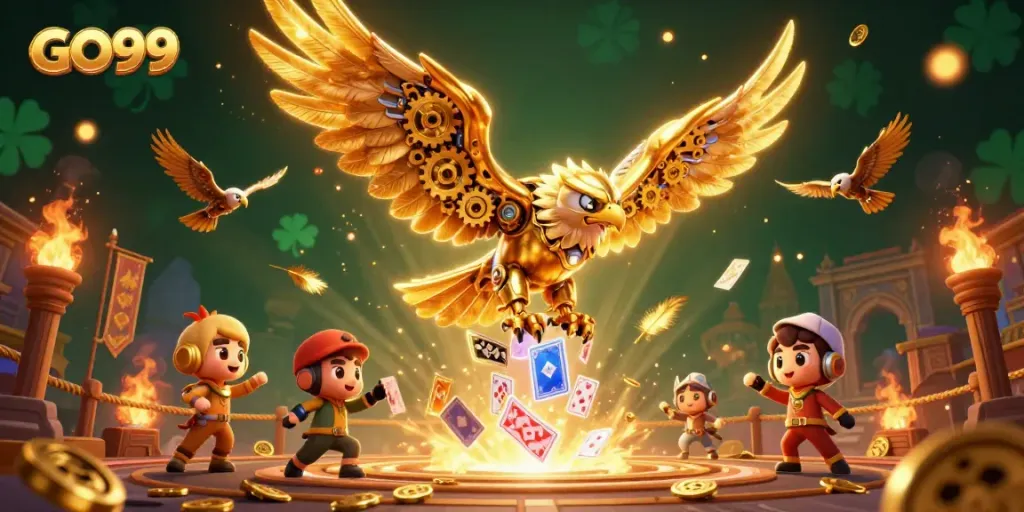 Experience GO99 with animated golden eagle showcasing vibrant casino elements in a dynamic scene.