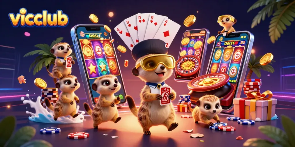 Engage in thrilling gameplay at vicclub with meerkats managing an exciting casino scene.