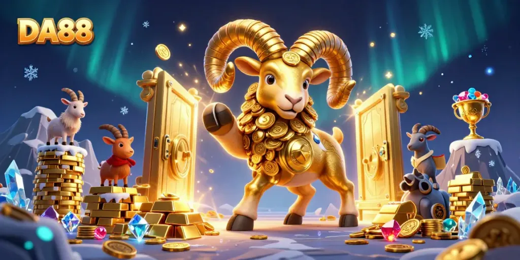 Experience exhilaration with DA88's vibrant casino-themed illustration showcasing a golden ram among treasures.