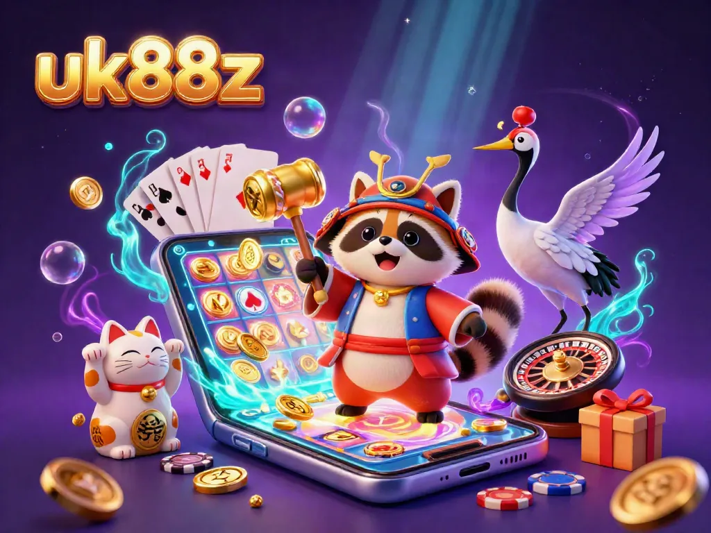 Play exciting slot games with uk88z as the cheerful tanuki holds a golden mallet amidst colorful casino elements.