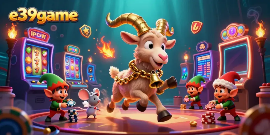 E39game offers a vibrant illustration of gaming excitement with a unique mix of festive characters in a lively casino setting.
