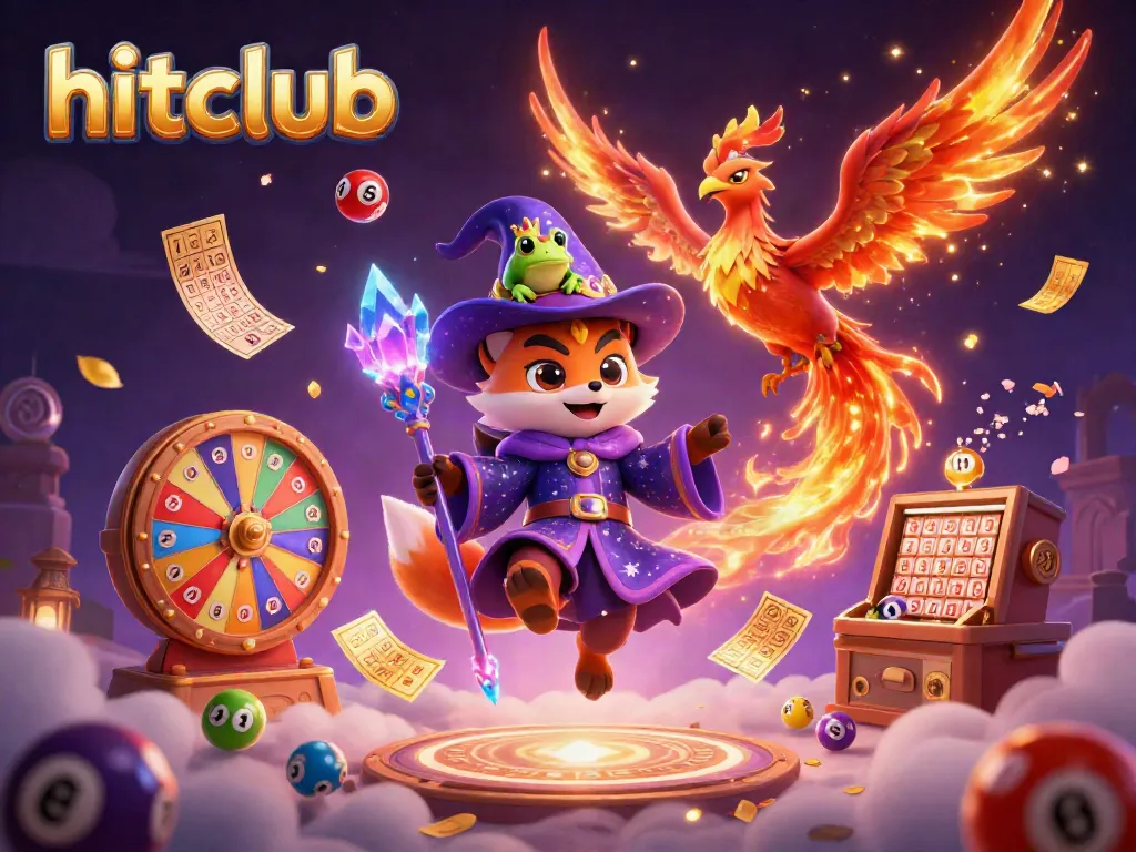 Experience the magic of hitclub with a wizard fox, phoenix, and vibrant lottery elements in a colorful casino scene.