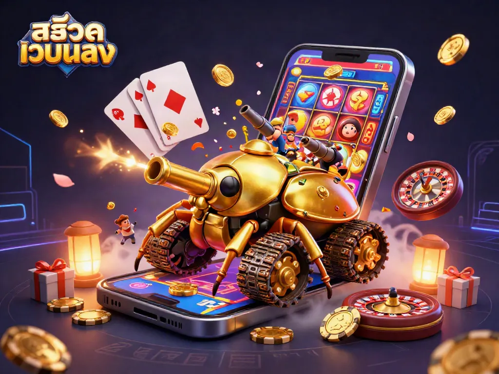 Engage with สล็อตเว็บตรง in a vibrant casino scene featuring a golden beetle tank and mobile slot games.