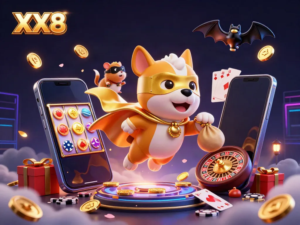 Engage in casino excitement with XX8 featuring a heroic dog and hamster amidst vibrant gaming symbols.