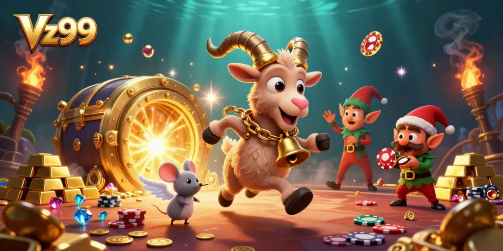 Engage with thrilling Vz99 casino entertainment as a Krampus goat oversees chaotic gameplay with festive elements.