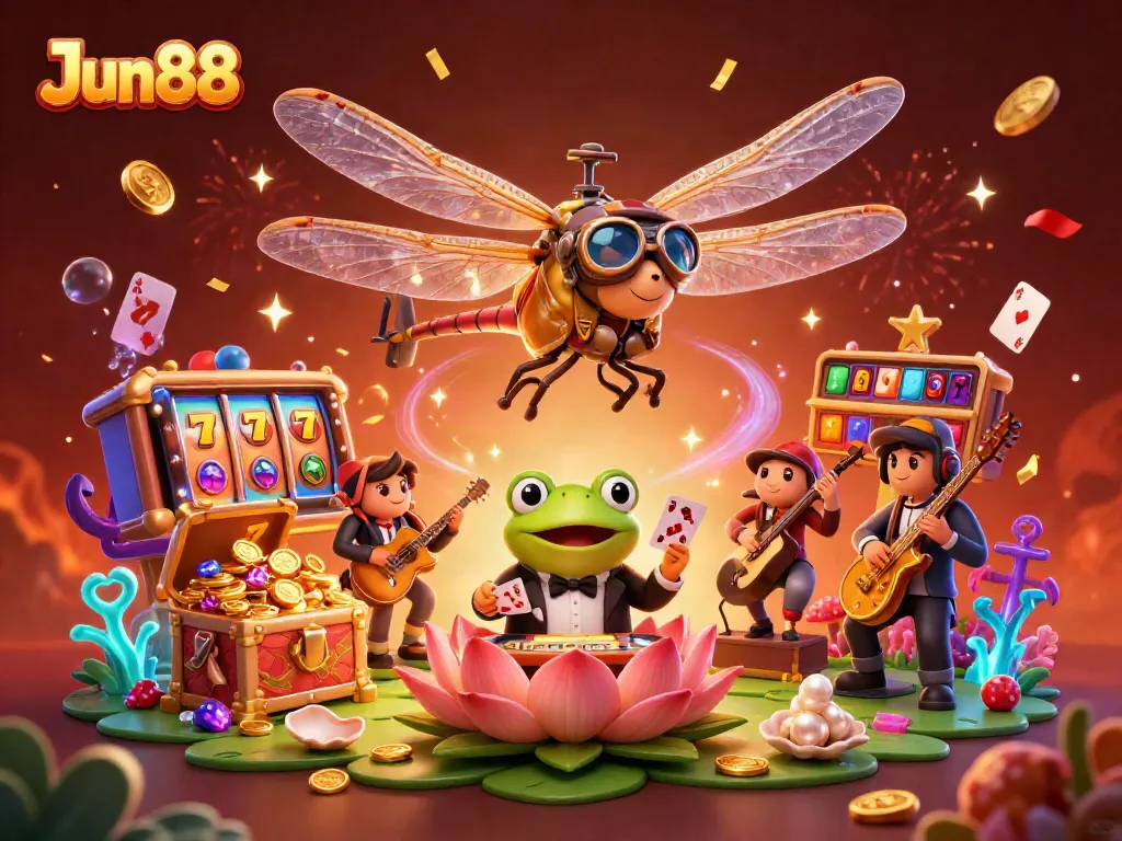 Experience the excitement of Jun88 with a vibrant casino scene featuring a helicopter pilot, frog croupier, and celebrating musicians.