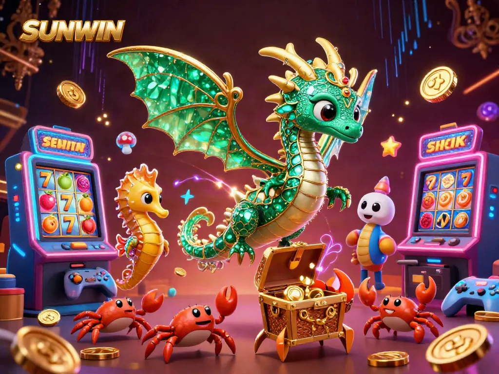 Engage in thrilling slot adventures with SUNWIN, featuring a dazzling sea dragon and vibrant casino elements.