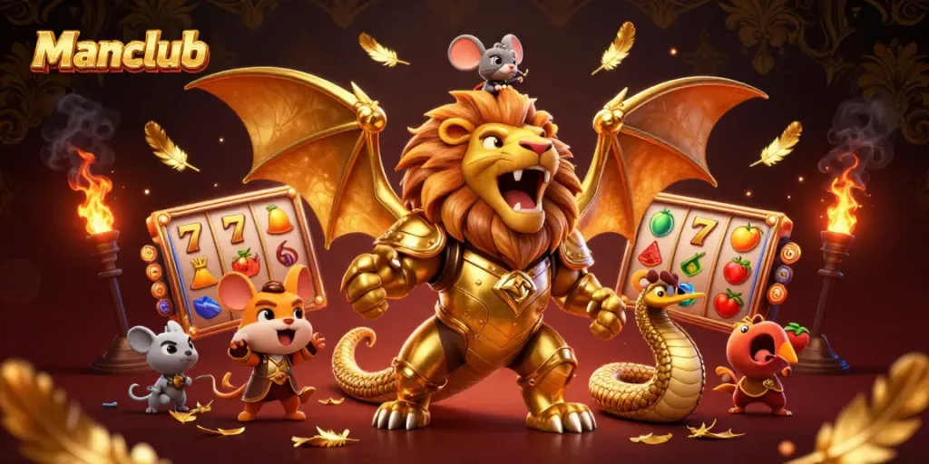 Manclub slots game scene with a roaring chimera, lucky 7s, and vibrant casino elements.