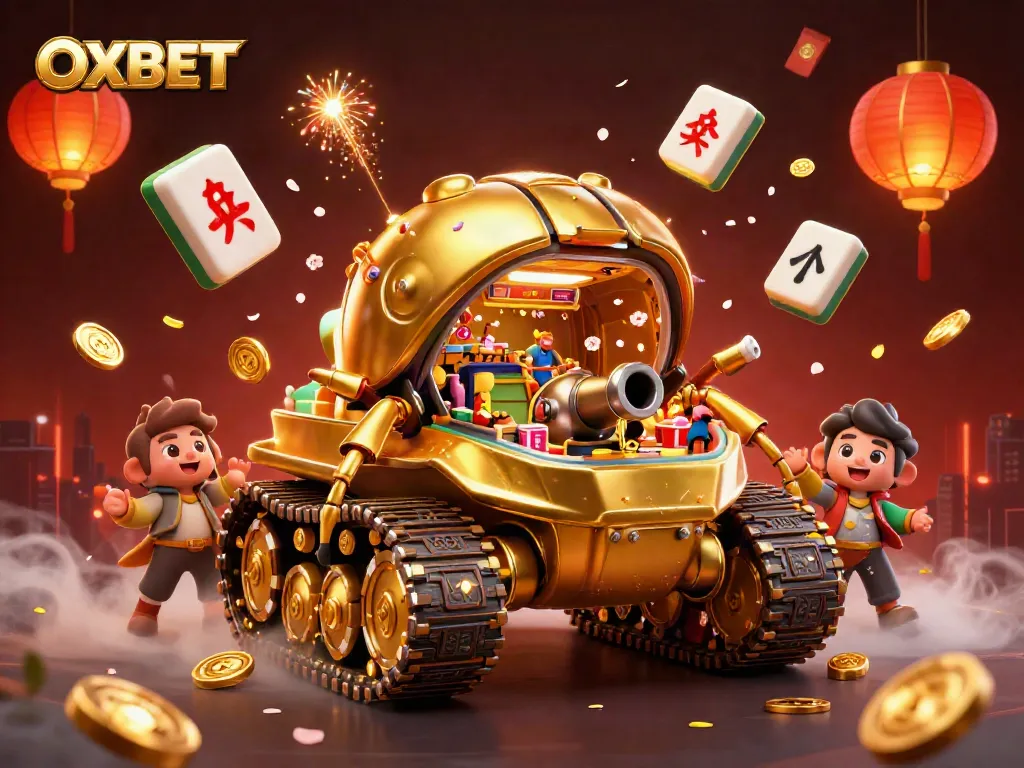Experience the excitement of OXBET with a dynamic tank casino scene featuring confetti and festive elements.
