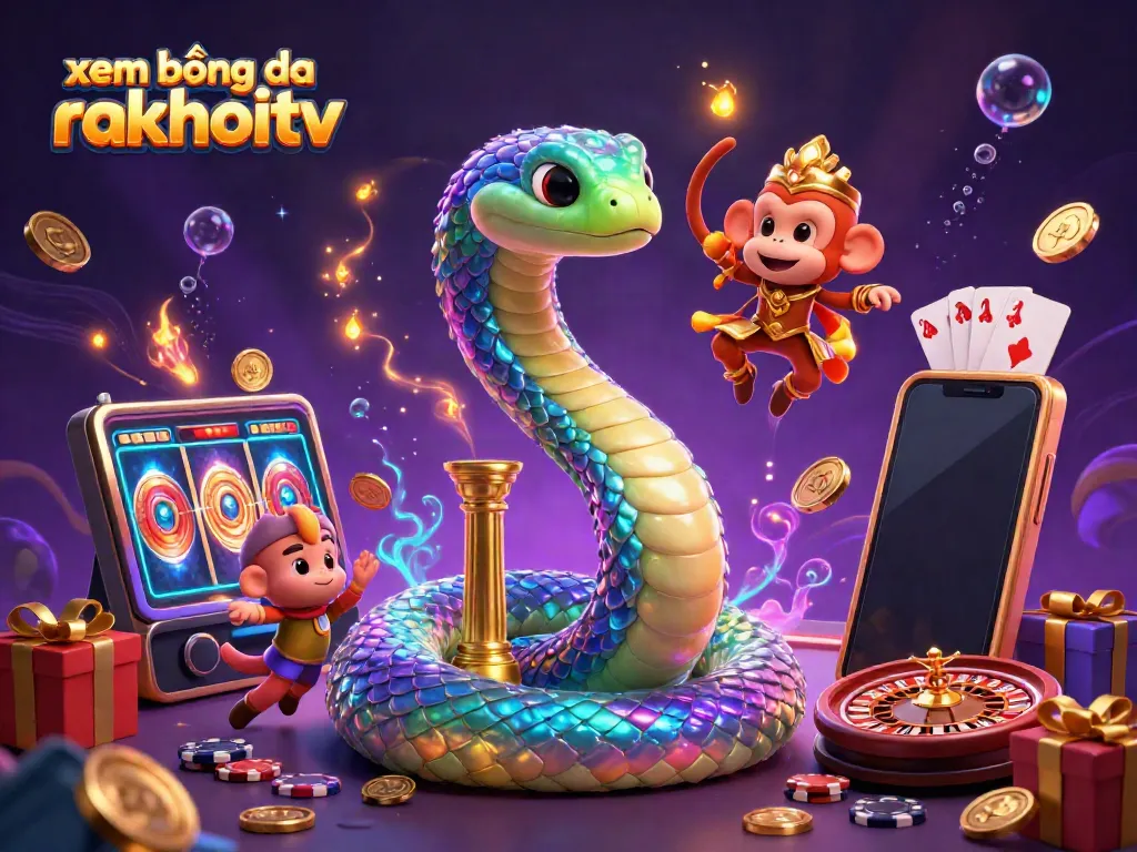 Experience the thrill of xem bóng đá rakhoitv with a vibrant 3D illustration featuring a cartoon rainbow serpent and a playful monkey king among dynamic casino elements.