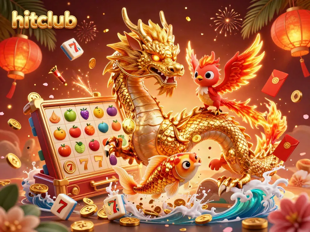 Experience thrilling gameplay at hitclub with a golden dragon, phoenix, and coins in a dynamic casino scene.