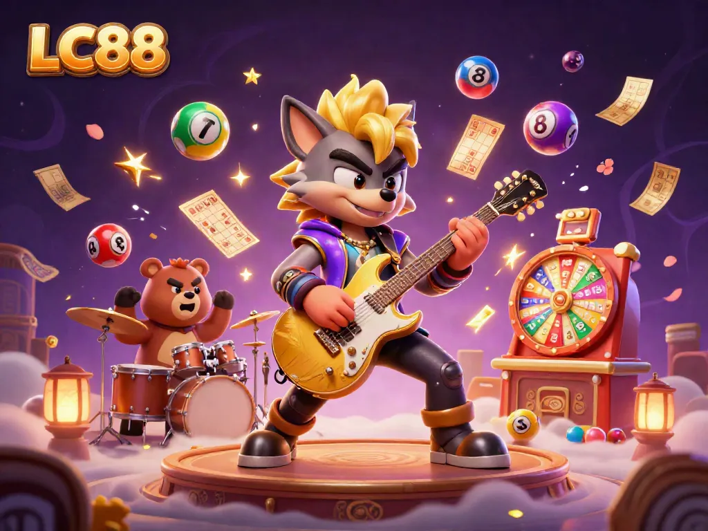 LC88 casino scene featuring a rock star wolf and drummer bear amidst dynamic lottery game elements.
