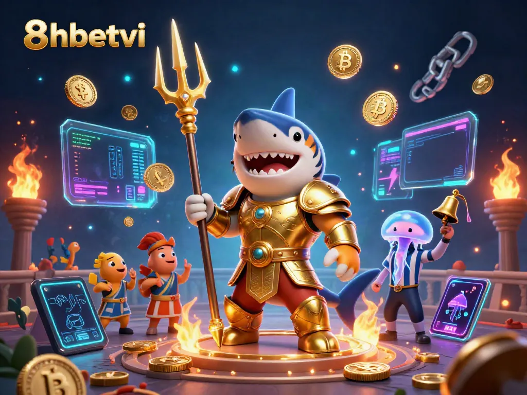 Engage in thrilling gameplay at 8xbetvi with cartoon shark characters, vibrant coins, and underwater excitement.