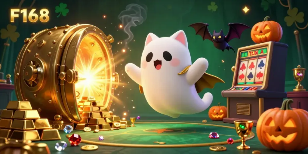Experience F168's vibrant casino world with a ghost cat, bat, and glowing treasures.