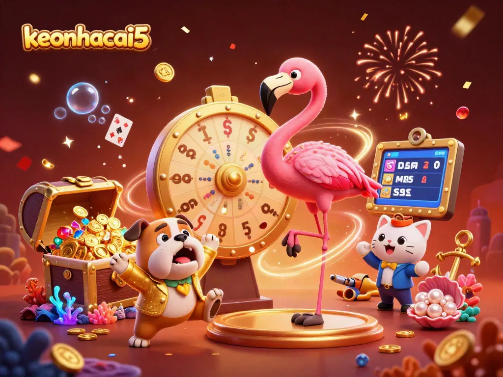 Engage with keonhacai5 as a 3D cartoon game show host and bulldog celebrate big wins in the vibrant casino.