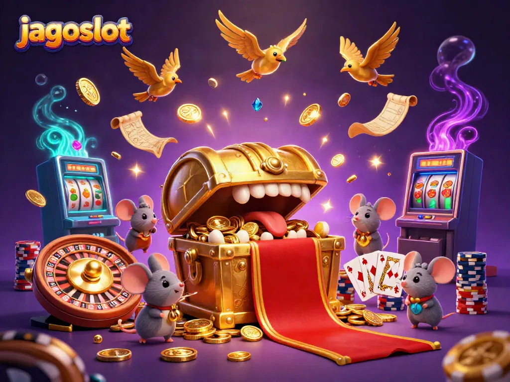 Visualisasi permainan slot jagoslot dengan pemandangan kaya elemen koin emas dan simbol buah menarik.