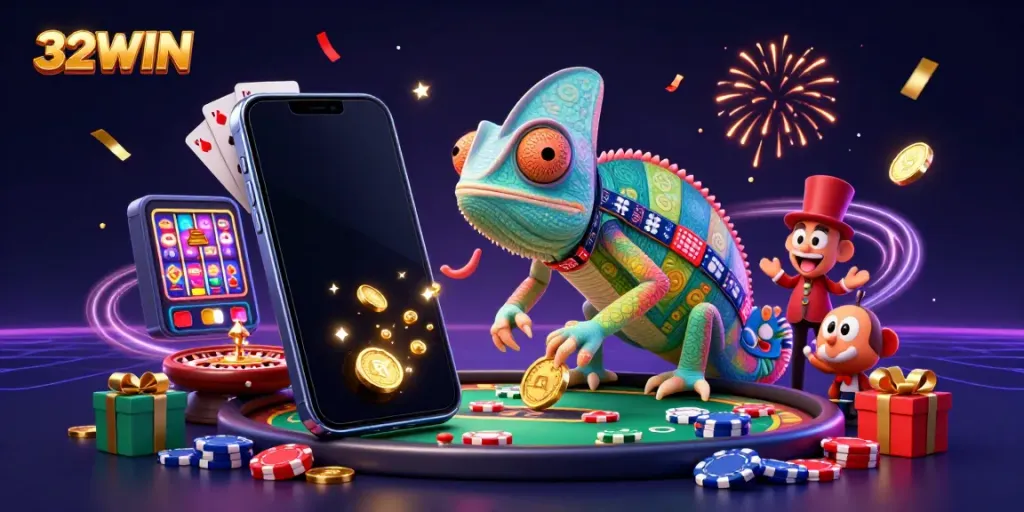 Experience exhilarating gaming with 32WIN’s vibrant casino scene featuring the energetic chameleon owner, golden coins, and slot game excitement.