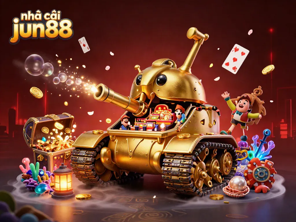 Experience the vibrant world of nhà cái jun88 with a dynamic casino-themed scene featuring a golden beetle tank.