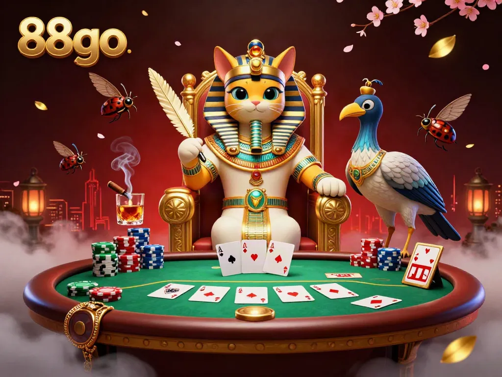 Engage with thrilling poker action at 88go featuring a regal pharaoh cat surrounded by vivid game elements.
