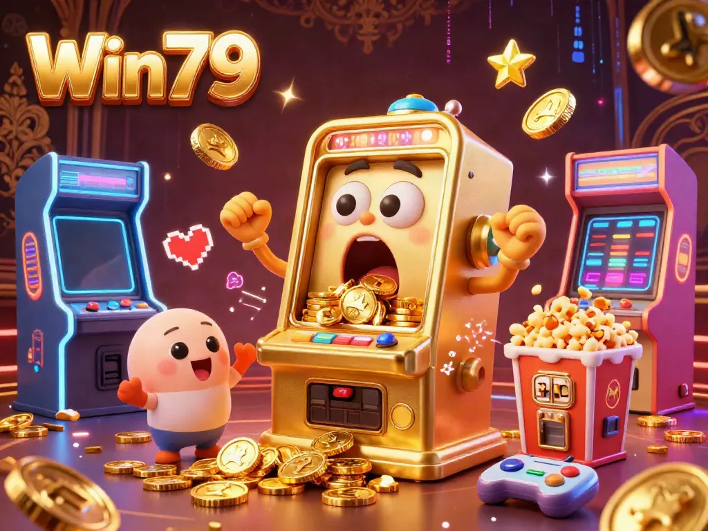 Win79 slot machine celebrates a jackpot win with cheering companions, showcasing exciting casino game elements.