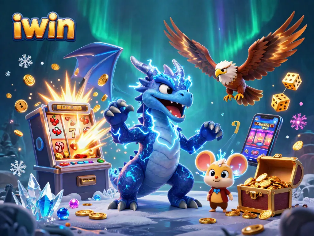 Spin and win with iwin's vibrant 3D illustration featuring casino games, characters, and action