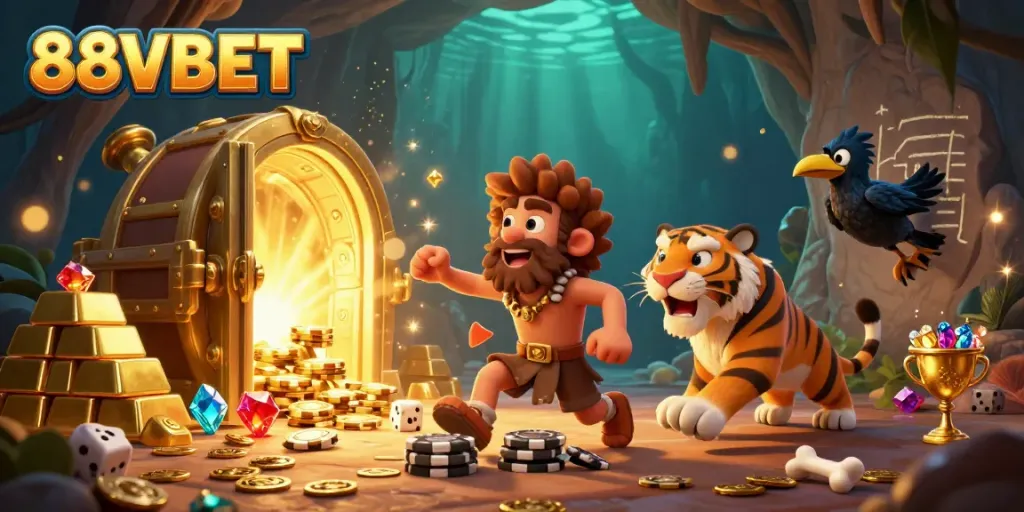 Engage with 88VBET's thrilling prehistoric casino atmosphere showcasing cavemen and tigers in action.