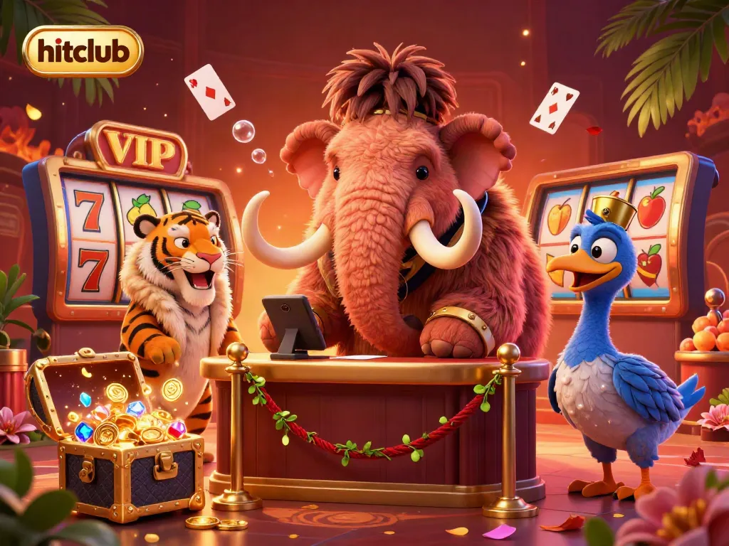 Experience the lively atmosphere of hitclub showcasing a cartoon mammoth casino bouncer welcoming guests amidst vibrant gaming elements.