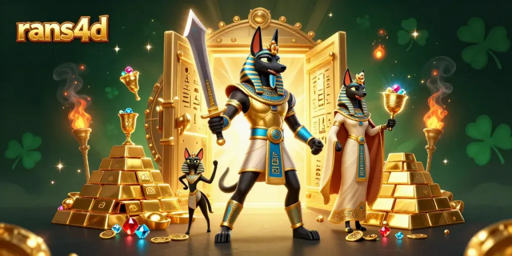 RANS4D menawarkan akses cepat dengan ilustrasi karakter Anubis dan Bastet dalam dunia kasino digital.