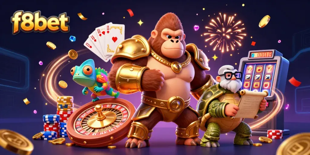 Engage in thrilling gaming with the f8bet gorilla king and friends amidst golden coins and roulette.