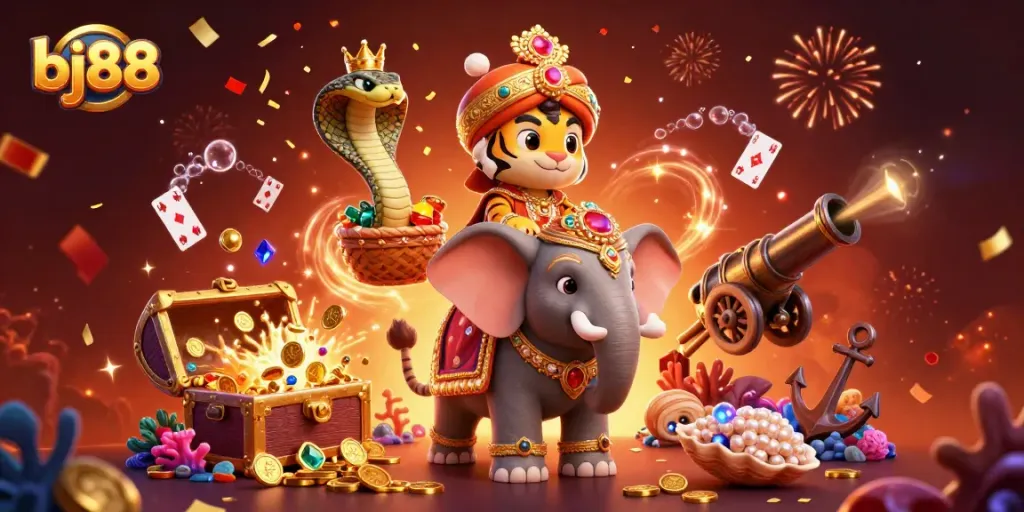 Engage with bj88's vibrant online casino featuring a maharaja tiger, jewel-embedded elements, and dynamic treasures.